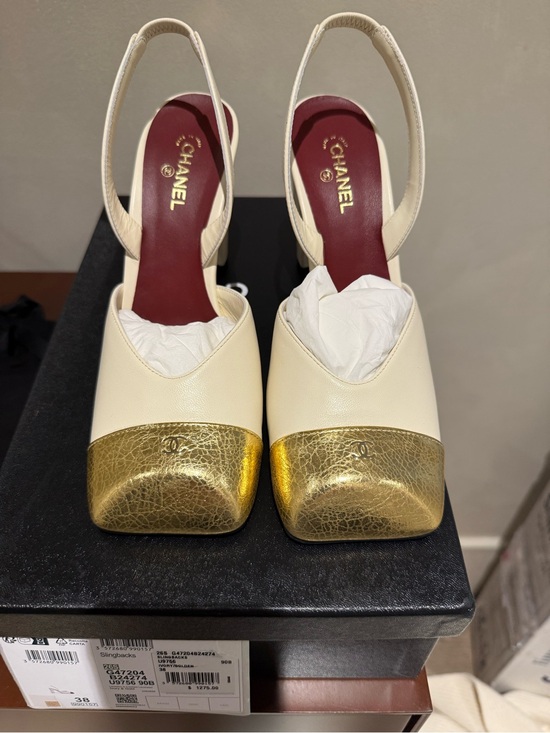 CHANEL Shoes - CHANEL Two Tone White and Gold Cap-Toe Slingback Block Heel